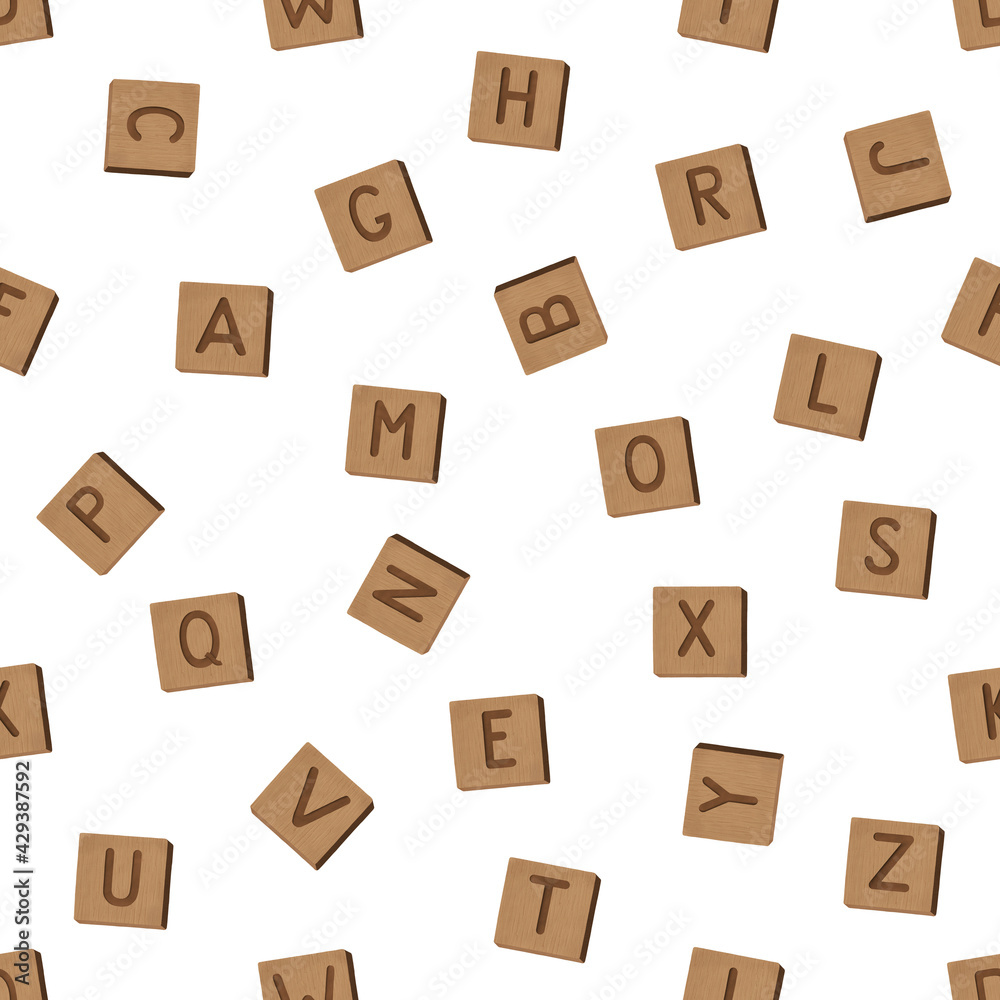 Seamless pattern with wooden letters alphabet on the white background. Wooden tiles. Handrawing