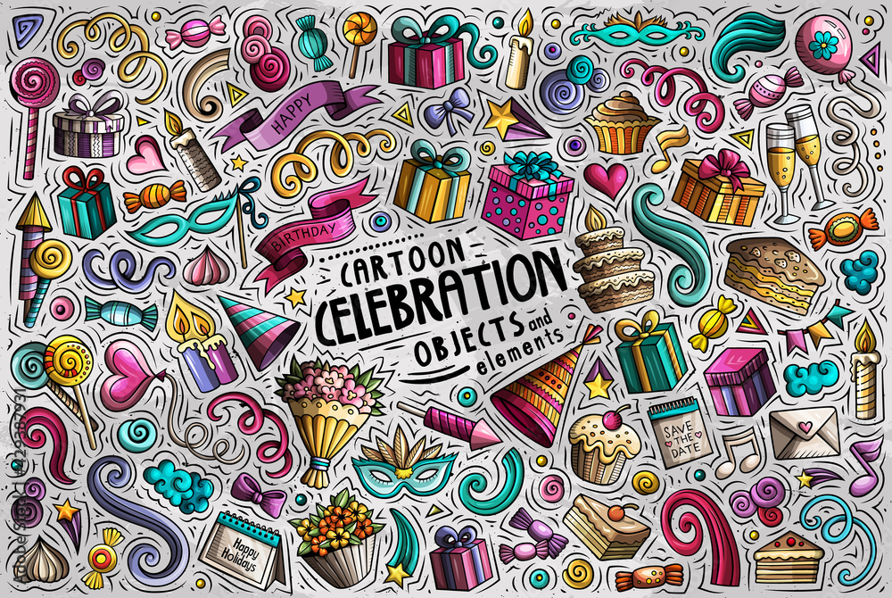 Cartoon set of Celebration theme items, objects and symbols