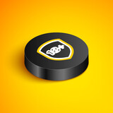 Isometric line Shield with inscription 18 plus icon isolated on yellow background. Adults content only. Protection, safety, security, protect concept. Black circle button. Vector