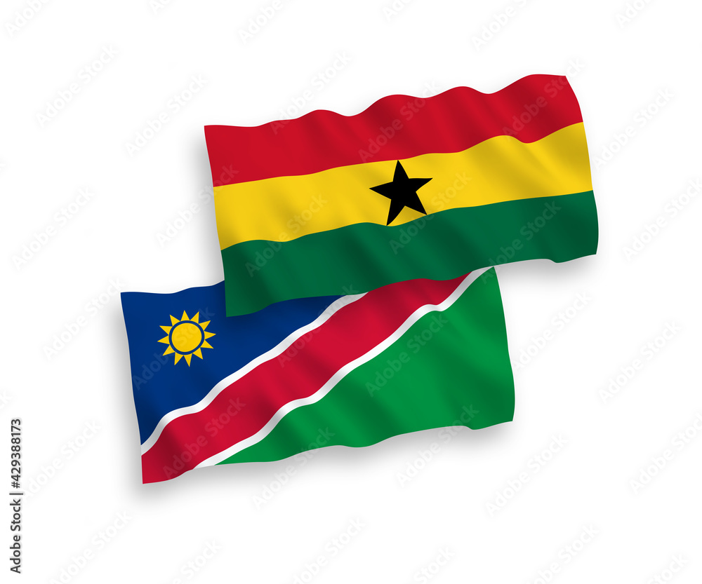 Fototapeta premium National vector fabric wave flags of Republic of Namibia and Ghana isolated on white background. 1 to 2 proportion.