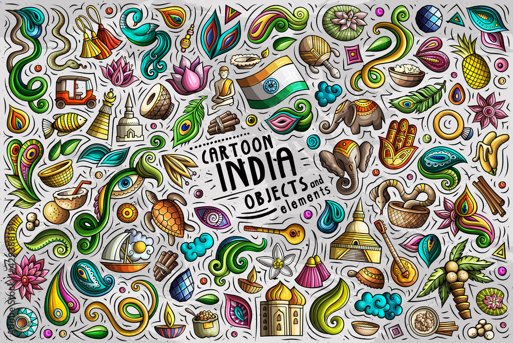 Cartoon set of India theme items, objects and symbols