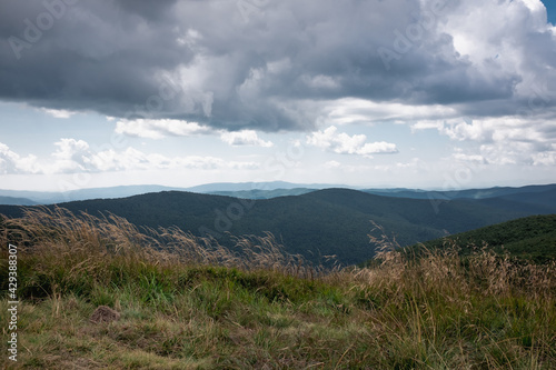 Fototapeta Naklejka Na Ścianę i Meble -  	
Panorama of mountain peaks on a cloudy, windy day, Bieszczady Mountains, Poland