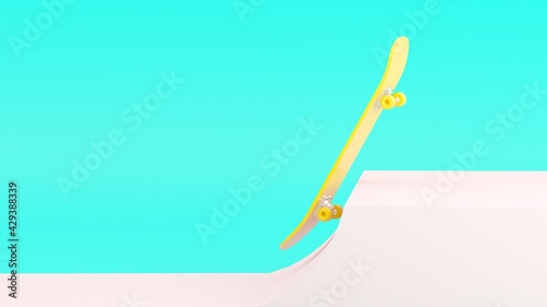 3d yellow Skateboard on the cyan background.3d rendering