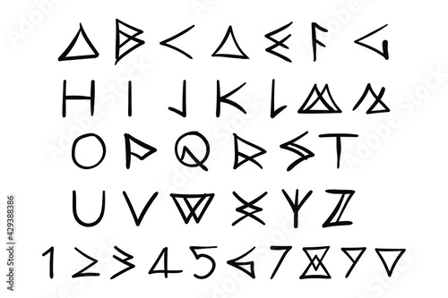 Runic hand drawn font ink brush vector illustration isolated on white background eps 10