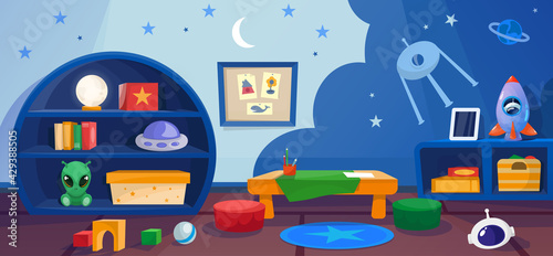 Kindergarten playroom with games  toys  in cosmos style. Elementary school class with table for studying children or kids. Wallpaper with star and spaceship illustration.