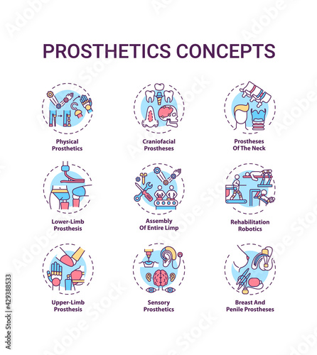 Prosthetics concept icons set. Upper and lower-limb prosthesis idea thin line RGB color illustrations. Rehabilitation robotics. Entire limb assembly. Vector isolated outline drawings. Editable stroke