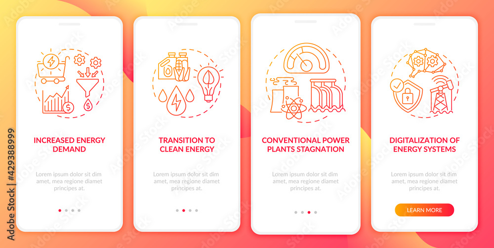 Power sector trends onboarding mobile app page screen with concepts. Transition to clean energy walkthrough 4 steps graphic instructions. UI, UX, GUI vector template with linear color illustrations