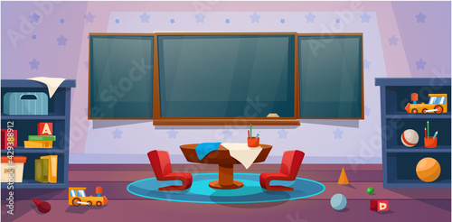 Playroom. Kindergarten. Class with table and school board. Interior with games, toys. Vector interior.