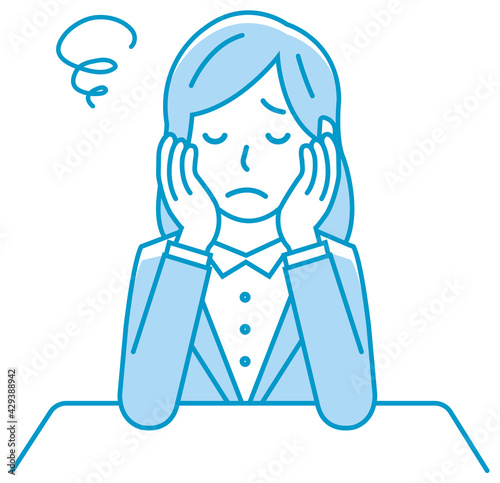 Young woman illustration sitting and rest her chin in her hands ( thinking, worried, nervous )