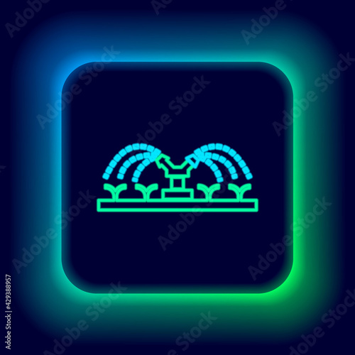 Glowing neon line Automatic irrigation sprinklers icon isolated on black background. Watering equipment. Garden element. Spray gun icon. Colorful outline concept. Vector