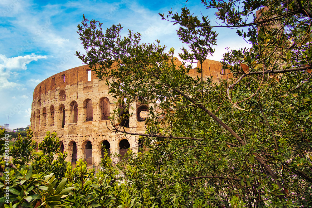 Obraz premium Colosseum in Rome. travel directions and rest in Italy. Europe sightseeing landmarks and tourism