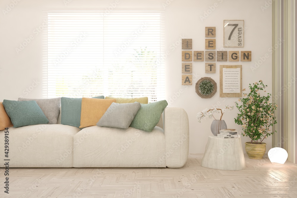 White living room with sofa. Scandinavian interior design. 3D illustration