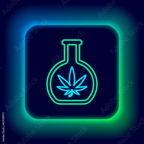 Glowing neon line Chemical test tube with marijuana or cannabis leaf icon isolated on black background. Research concept. Laboratory CBD oil concept. Colorful outline concept. Vector