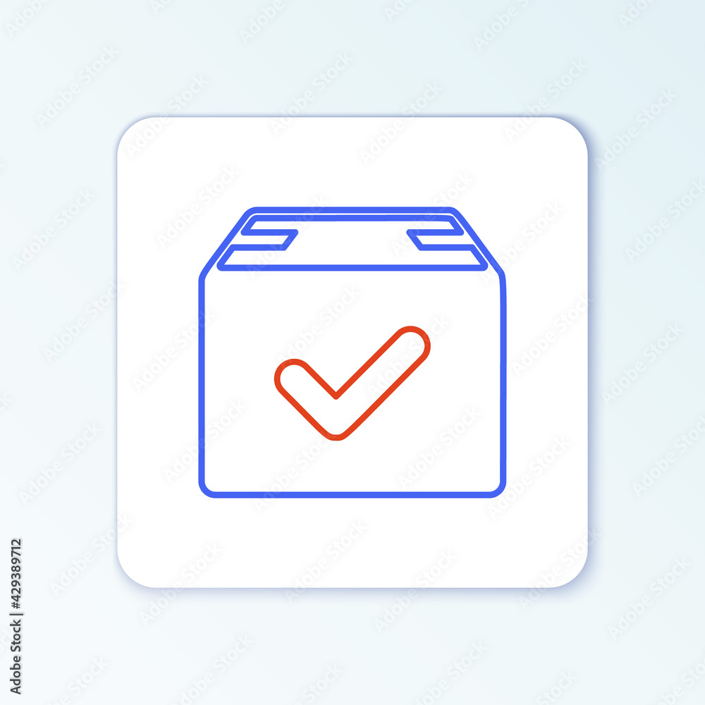 Line Package box with check mark icon isolated on white background. Parcel box with checkmark. Approved delivery or successful package receipt. Colorful outline concept. Vector Line Package box with check mark icon isolated on white background. Parcel box with checkmark. Approved delivery or successful package receipt. Colorful outline concept. Vector