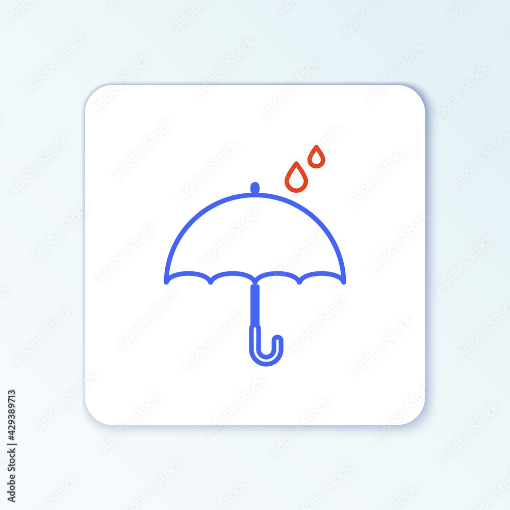 Line Umbrella and rain drops icon isolated on white background. Waterproof icon. Protection, safety, security concept. Water resistant symbol. Colorful outline concept. Vector Line Umbrella and rain drops icon isolated on white background. Waterproof icon. Protection, safety, security concept. Water resistant symbol. Colorful outline concept. Vector