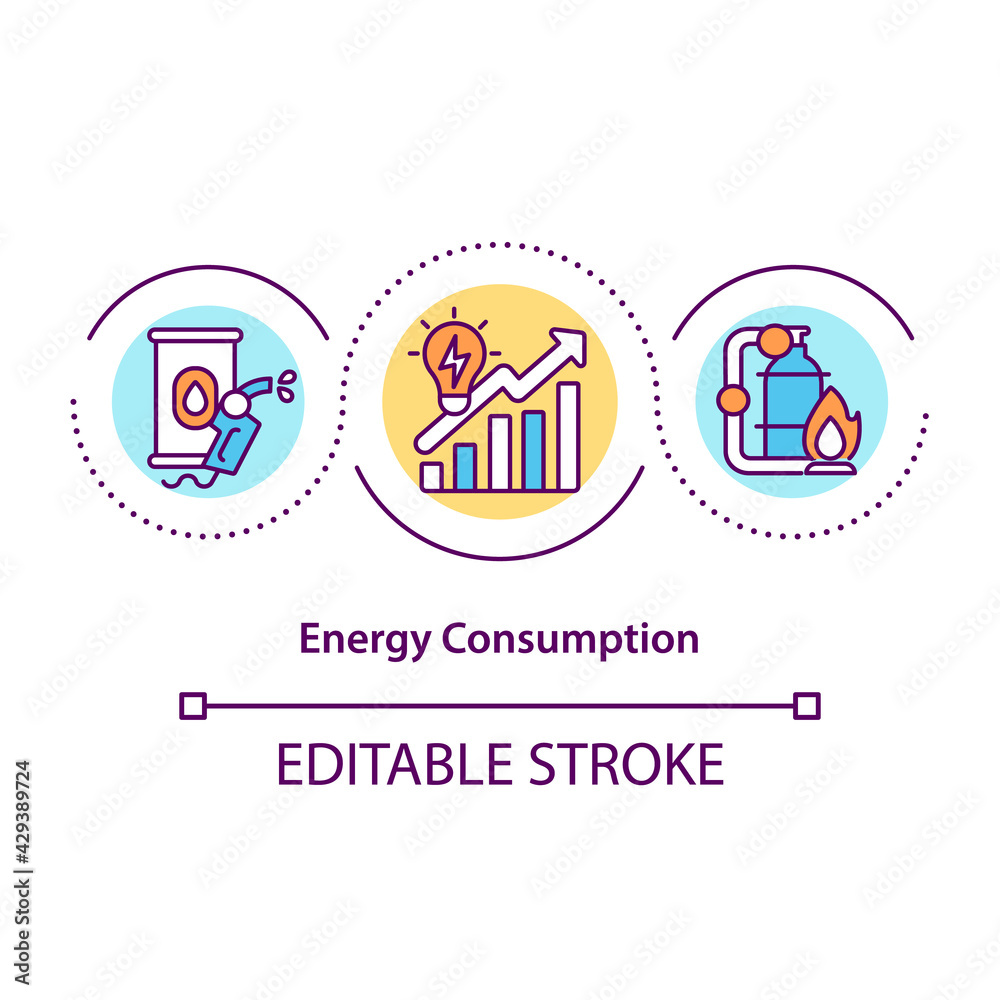 Energy consumption concept icon. People using big amount of energy which is produced. Dealing with power reduce idea thin line illustration. Vector isolated outline RGB color drawing. Editable stroke