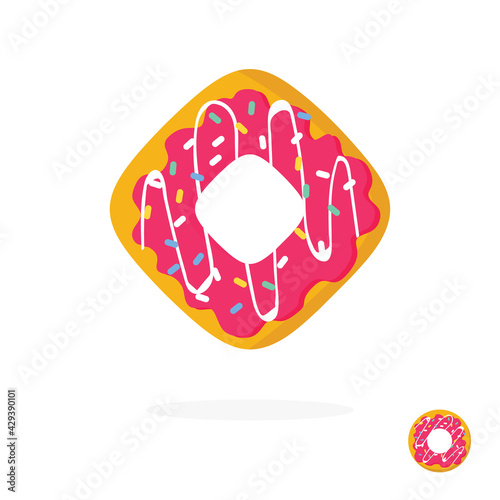 Sweet donut isolated icon or doughnut with sprinkles logo flat cartoon illustration, pink colored glazed with strawberry donuts on white background, cookie or biscuit bakery idea logotype