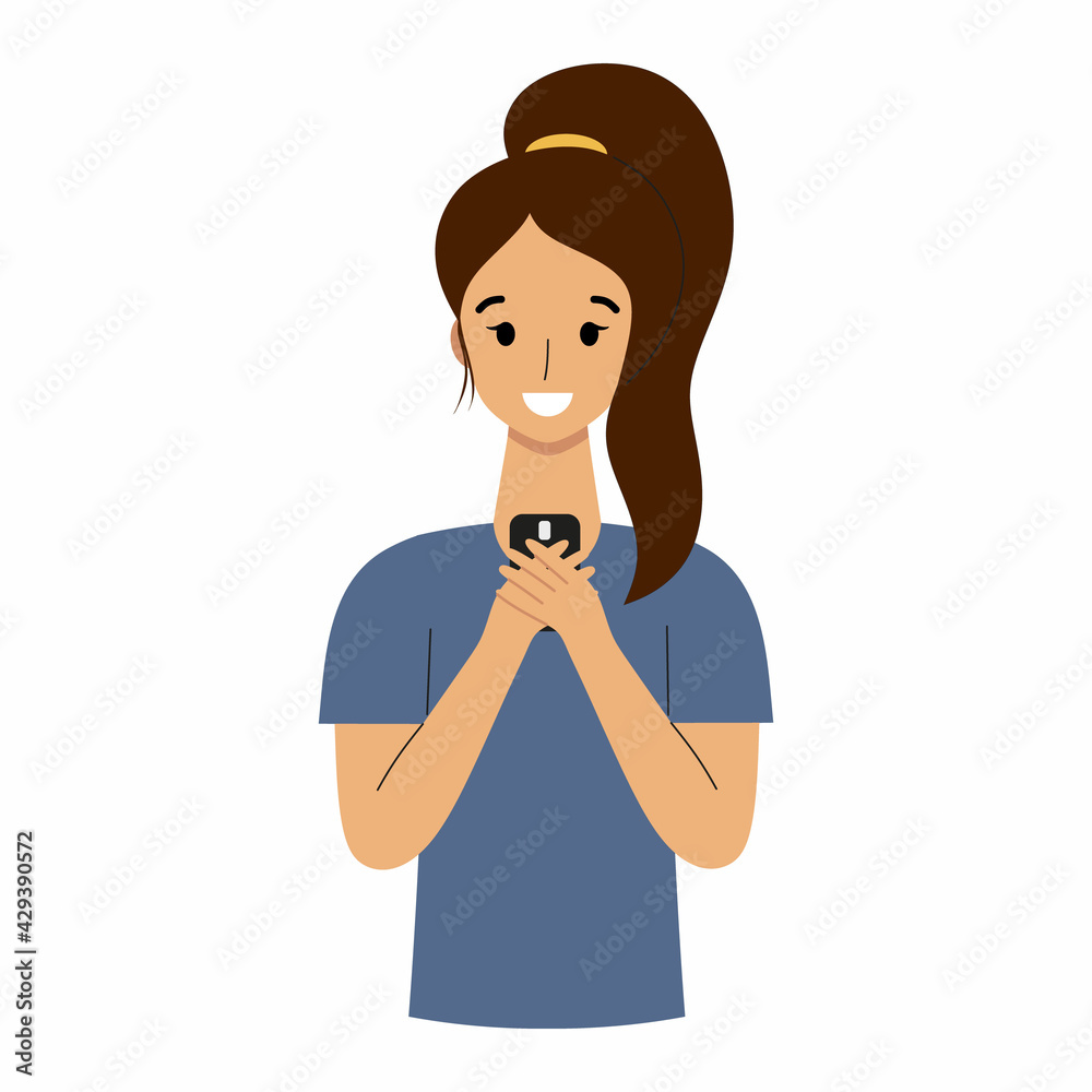 The girl reads the message in the smartphone. A woman with a phone, The girl reads the message in the smartphone. A woman with a phone,
