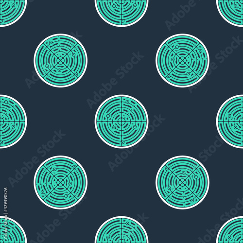Line Radar with targets on monitor in searching icon isolated seamless pattern on black background. Military search system. Navy sonar. Vector