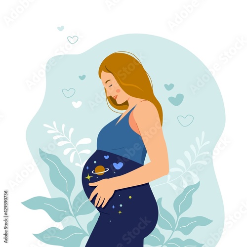 Pregnant woman in cute cartoon style. Pregnancy concept. Vector illustration
