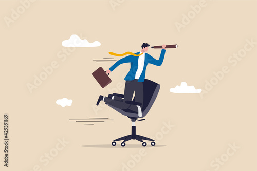 Career future, new job opportunity or visionary to success in work concept, businessman riding office chair using telescope to see future and the way forward.