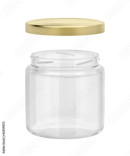 Open glass jar with golden cap, isolated on white background