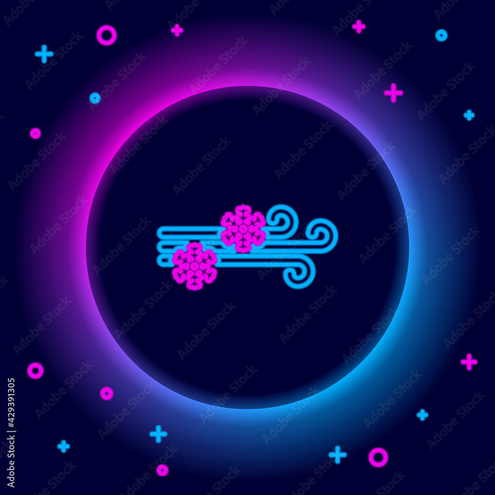 Glowing neon line Wind and snow icon isolated on black background. Windy weather. Colorful outline concept. Vector
