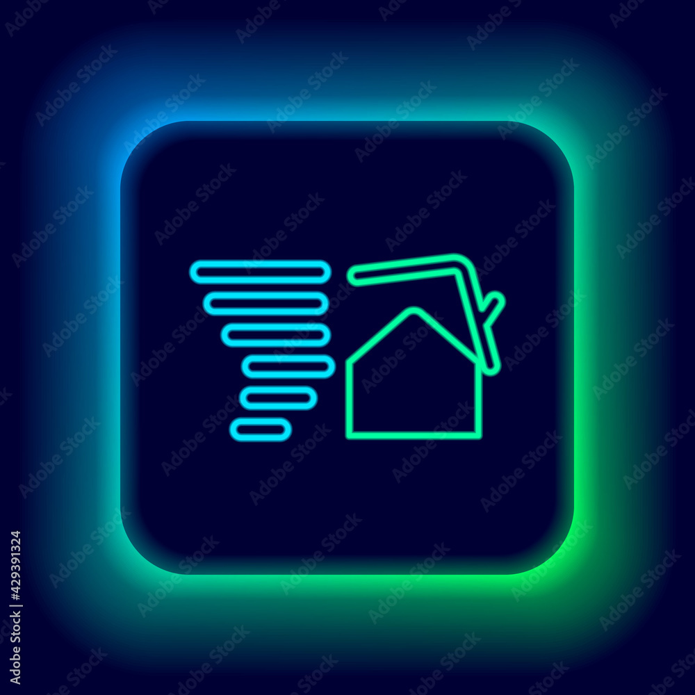 Glowing neon line Tornado swirl damages house roof icon isolated on black background. Cyclone, whirlwind, storm funnel, hurricane wind icon. Colorful outline concept. Vector Glowing neon line Tornado swirl damages house roof icon isolated on black background. Cyclone, whirlwind, storm funnel, hurricane wind icon. Colorful outline concept. Vector