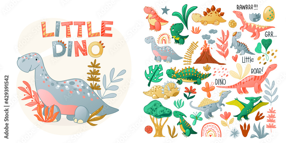 Cute cartoon dinosaur set. Funny dino characters for kids design. Vector illustration isolated on white background.