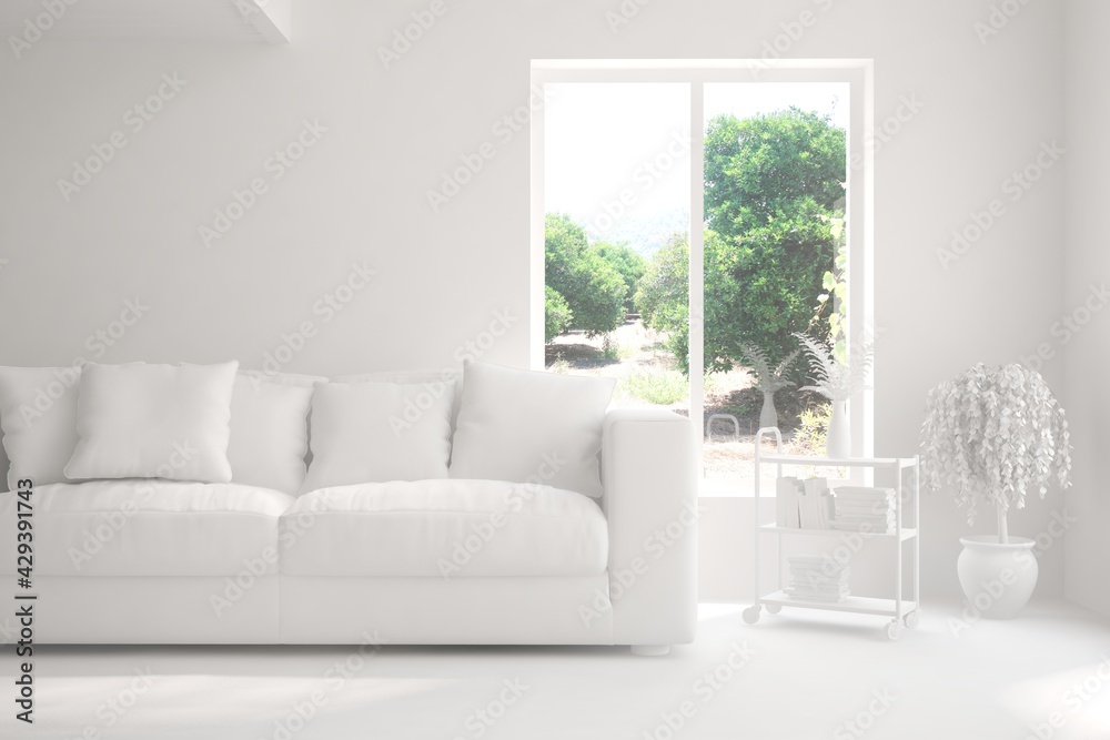 Mock up of stylish room in white color with sofa and green landscape in window. Scandinavian interior design. 3D illustration