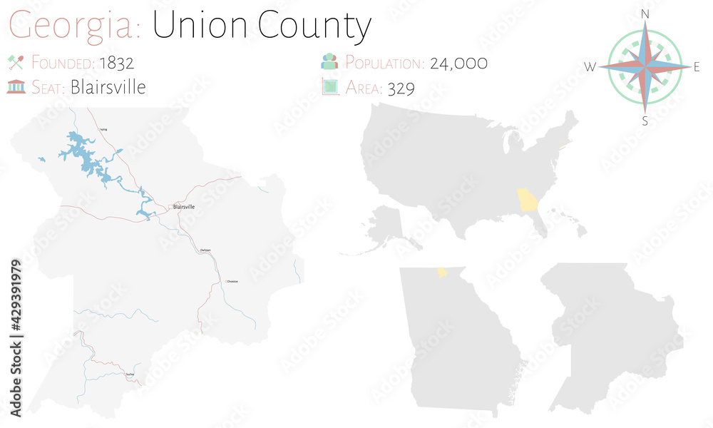 Large and detailed map of Union county in Georgia, USA.