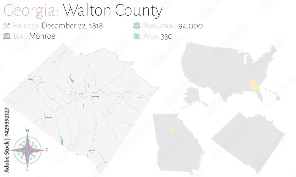 Large and detailed map of Walton county in Georgia, USA.