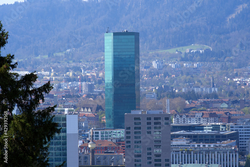 View over City of Zurich at springtime with skyscraper Prime Tower in the center. Photo taken April 21st, 2021, Zurich, Switzerland.