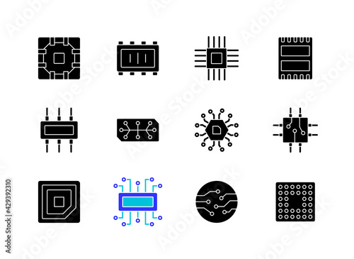 Microcircuits black glyph icons set on white space. Designing modern microcomponents for device creation. Building electronic systems. Silhouette symbols. Vector isolated illustration photo