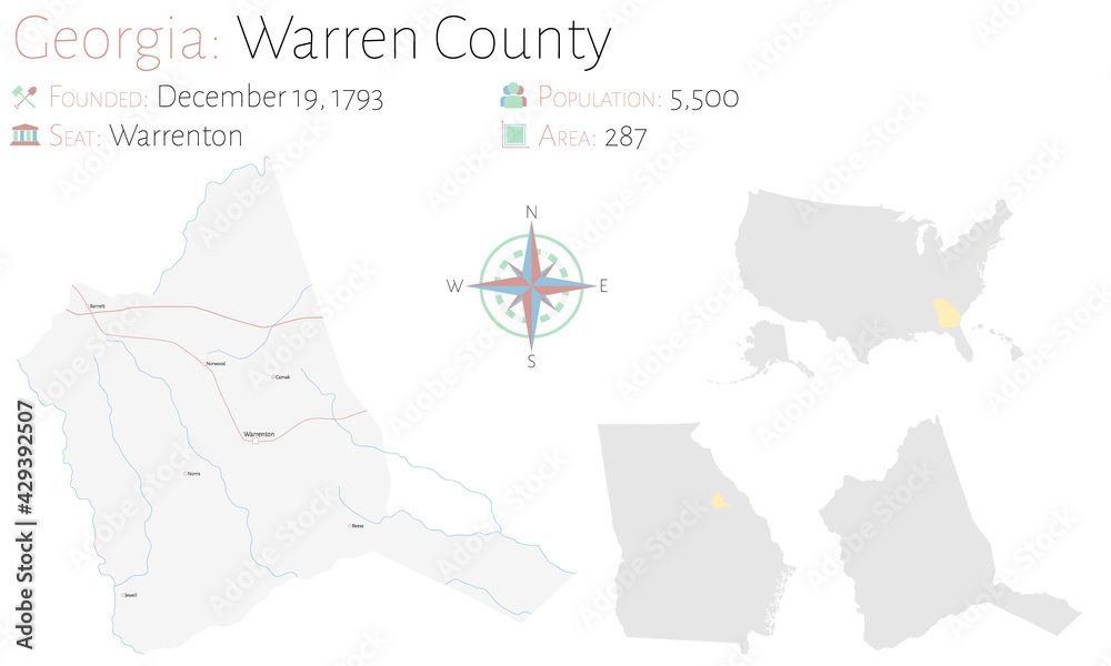 Large and detailed map of Warren county in Georgia, USA.