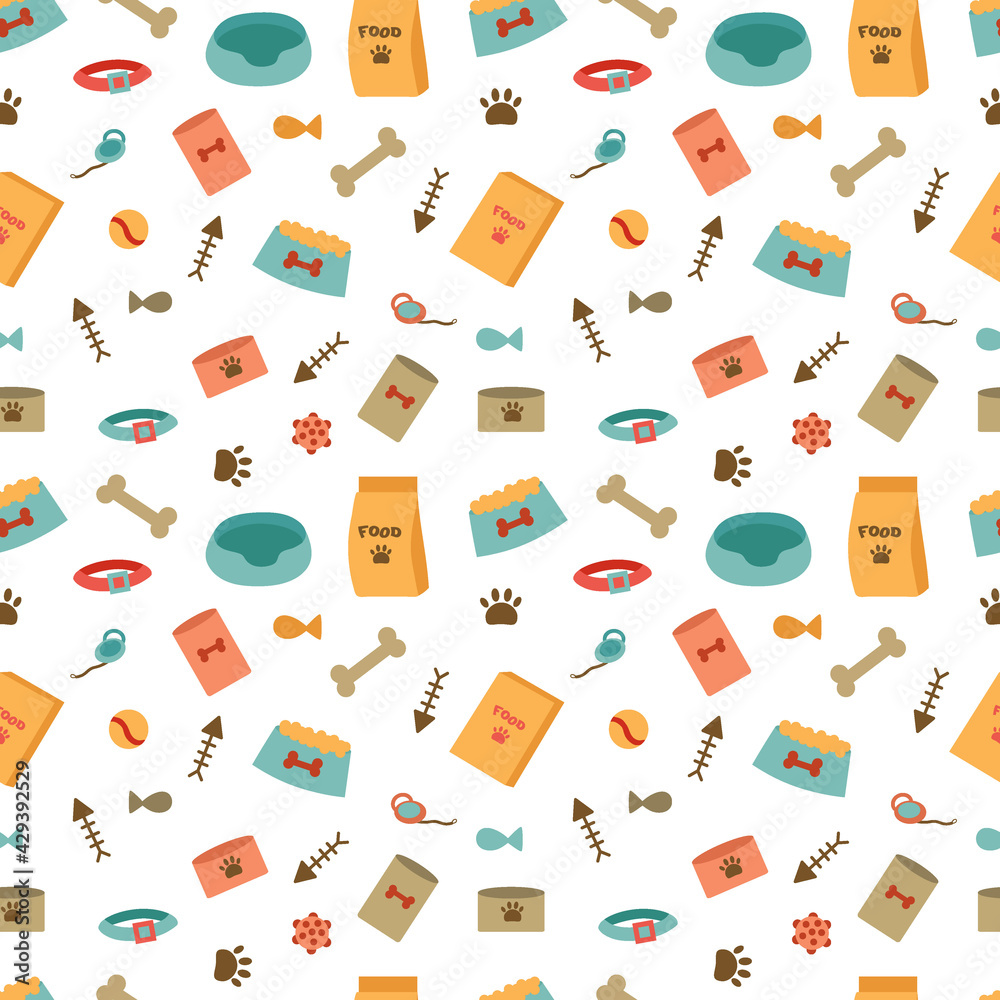 Seamless illustration with a set of accessories for the care and keeping of pets. Seamless illustration with a set of accessories for the care and keeping of pets.
