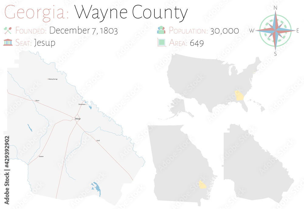Large and detailed map of Wayne county in Georgia, USA.