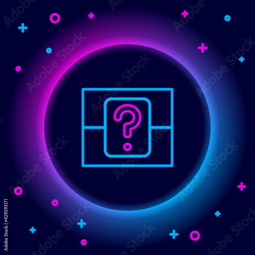 Glowing neon line Mystery box or random loot box for games icon isolated on black background. Question box. Colorful outline concept. Vector