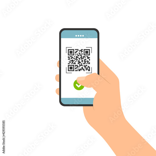 Flat design illustration of male hand holding touch screen mobile phone. Successful QR code scan for payment, vector photo