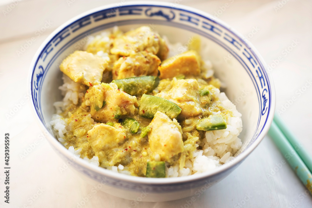 Green thai chicken curry with peas and lemon grass, rice Green thai chicken curry with peas and lemon grass, rice