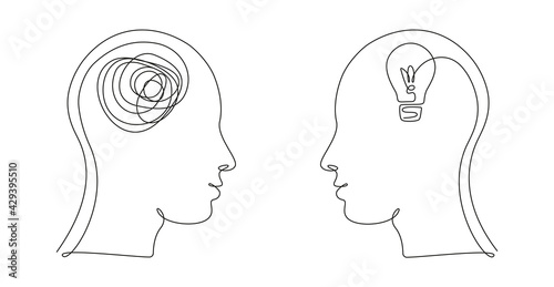 Two Human heads with confused and clean thoughts in one line art style. Continuous drawing illustration. Abstract linear Vector for medicine flyer, banner, brochure, poster