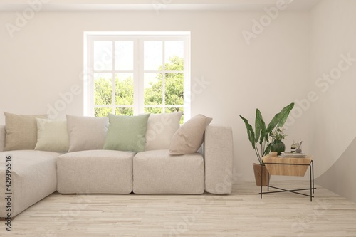 White living room with sofa and summer landscape in window. Scandinavian interior design. 3D illustration