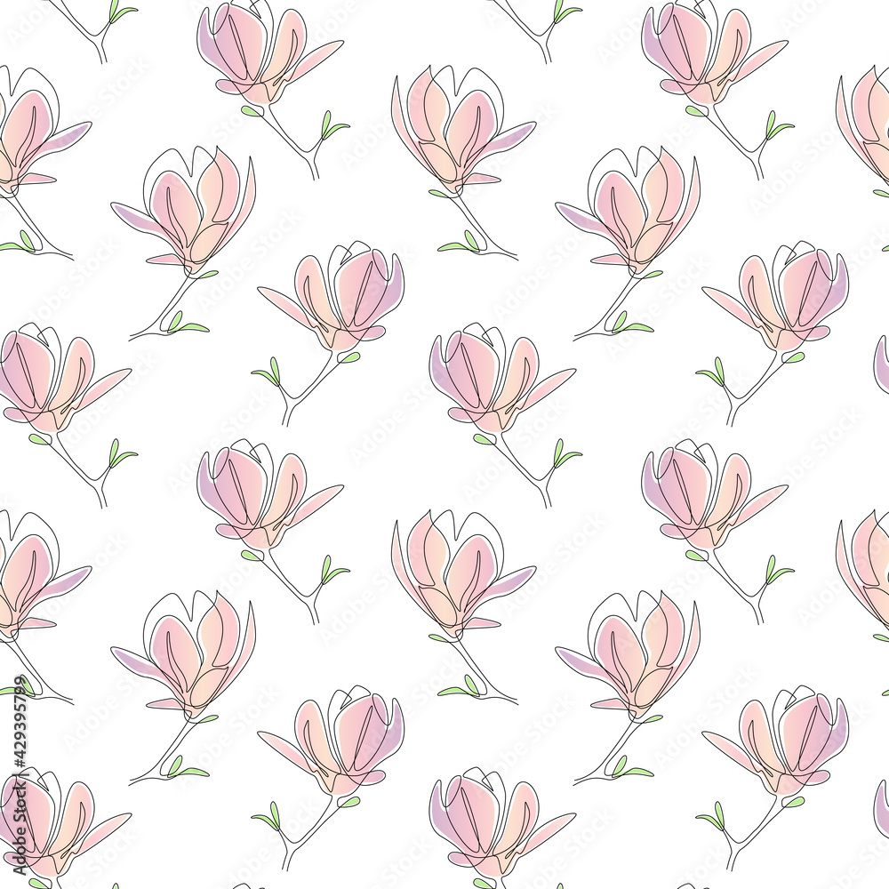 Floral seamless pattern with Magnolia flowers in one line art style. Vector illustration for wedding invitations, wallpaper, textile, wrapping paper, cover. Vector illustration