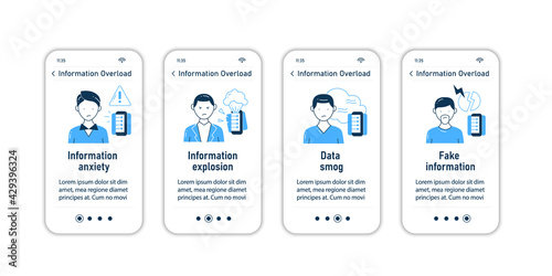 Information overload onboarding mobile app screens. Consists of info anxiety, explosion, data smog fake info steps menu. Set of UI, UX, web template with RGB color linear icons