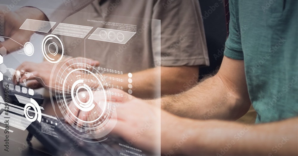 Composition of scope scanning and data processing on screen over men typing on computer keyboards Composition of scope scanning and data processing on screen over men typing on computer keyboards