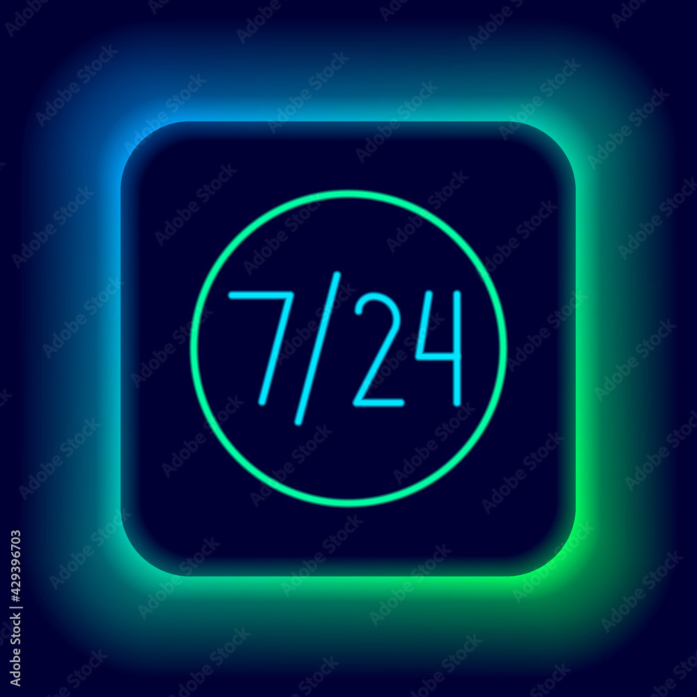 Glowing neon line Clock 24 hours icon isolated on black background. All day cyclic icon. 24 hours service symbol. Colorful outline concept. Vector Glowing neon line Clock 24 hours icon isolated on black background. All day cyclic icon. 24 hours service symbol. Colorful outline concept. Vector