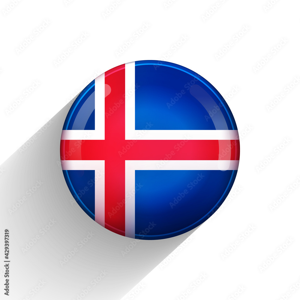 Glass light ball with flag of Iceland. Round sphere, template icon. Icelandic National symbol. Glossy realistic ball, 3D abstract vector illustration highlighted on a white background. Big bubble Glass light ball with flag of Iceland. Round sphere, template icon. Icelandic National symbol. Glossy realistic ball, 3D abstract vector illustration highlighted on a white background. Big bubble