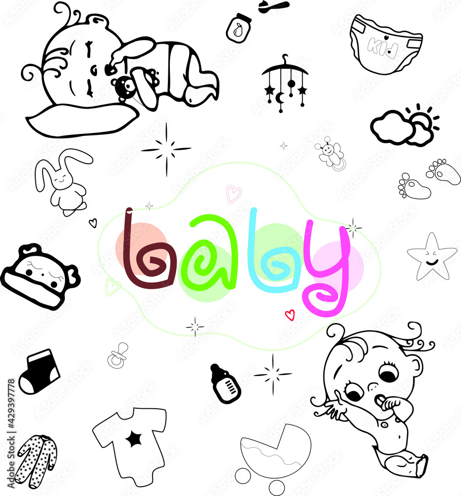 Baby's world. The child plays, sleeps around his toys, baby food, diaper, pacifier, stroller. Vector illustration suitable for a logo of a children's store, printing on fabric