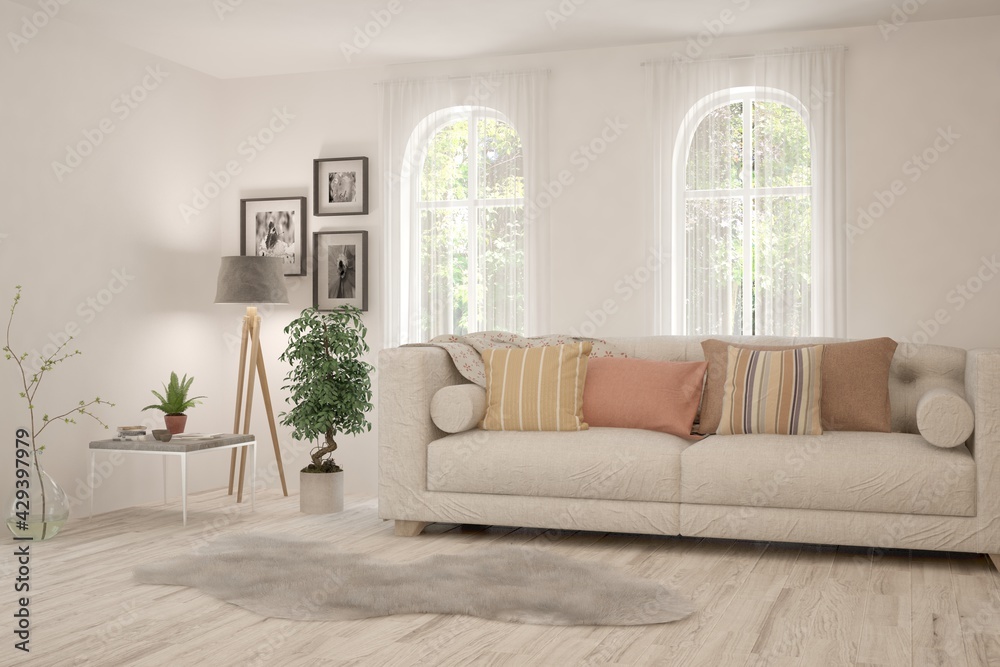 Fototapeta premium White living room with sofa. Scandinavian interior design. 3D illustration