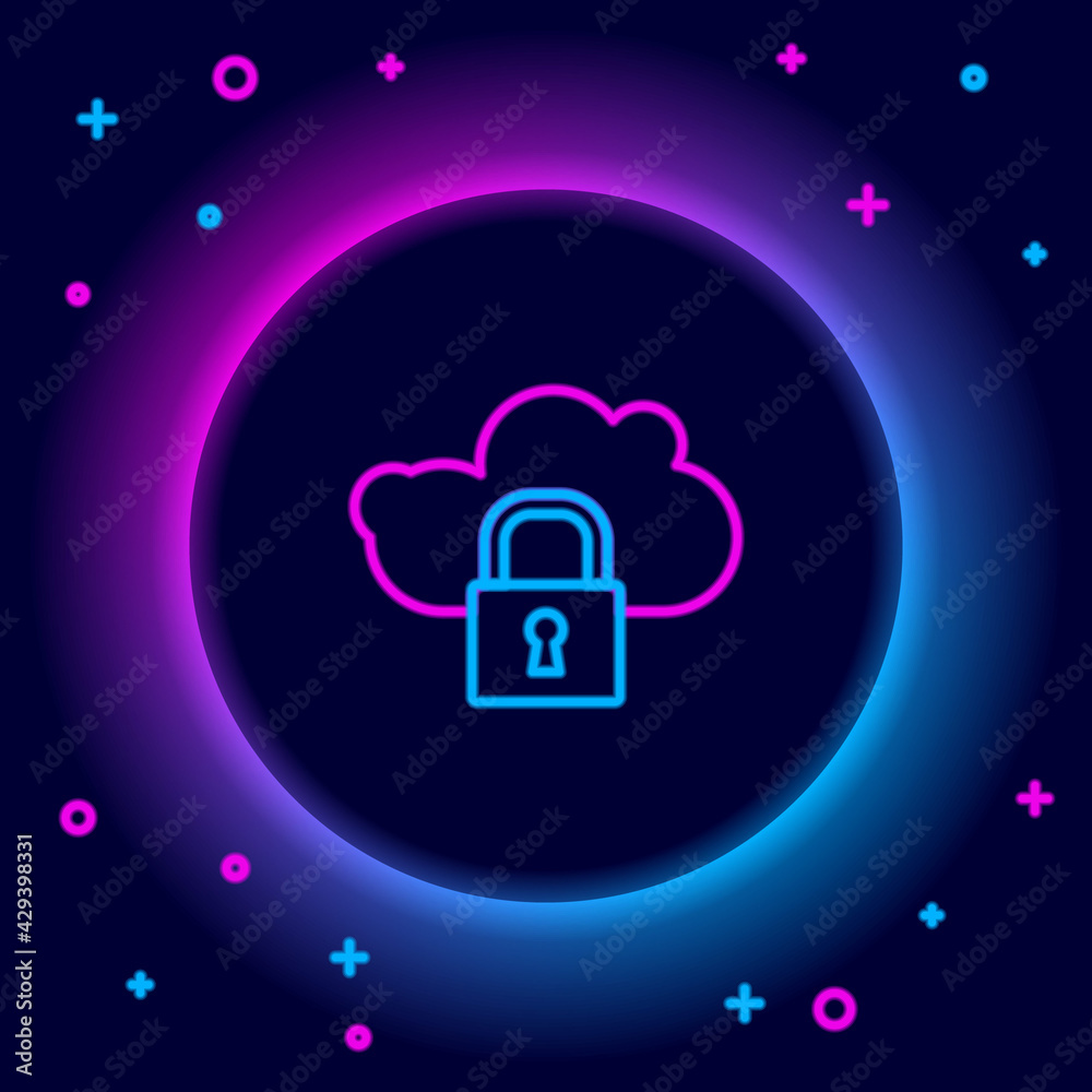 Glowing neon line Cloud computing lock icon isolated on black background. Security, safety, protection concept. Protection of personal data. Colorful outline concept. Vector